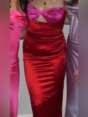 Satin Two-Tone Red & Pink Maxi Dress